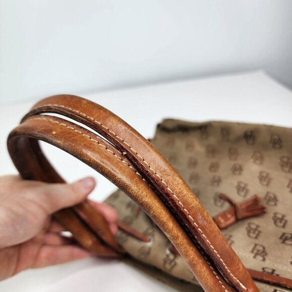 Dooney & Bourke Khaki Signature Monogram Canvas Tan Leather Tassel Tote - Picture 9 of 16